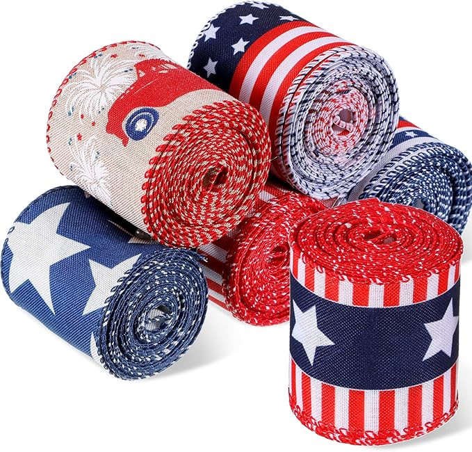 5 Rolls Star Wired Edge Ribbon 2.5 Inch Patriotic Ribbon Stars Stripes Satin Ribbon 4th of July G... | Amazon (US)