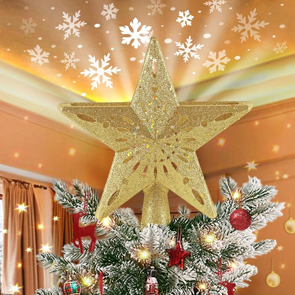 Christmas Star Tree Topper Projector, Lighted 3D Star Tree Top with Rotating LED Snowflake Projec... | Amazon (US)