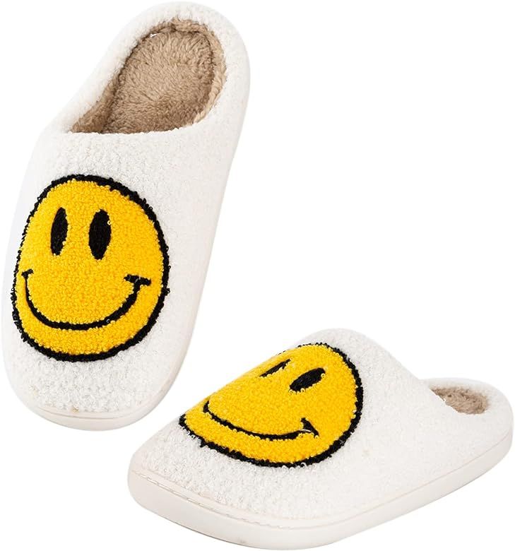 Retro Smiley Face Slippers Soft Fuzzy Plush Comfy Warm Slip-On Slippers For Women Men | Amazon (US)