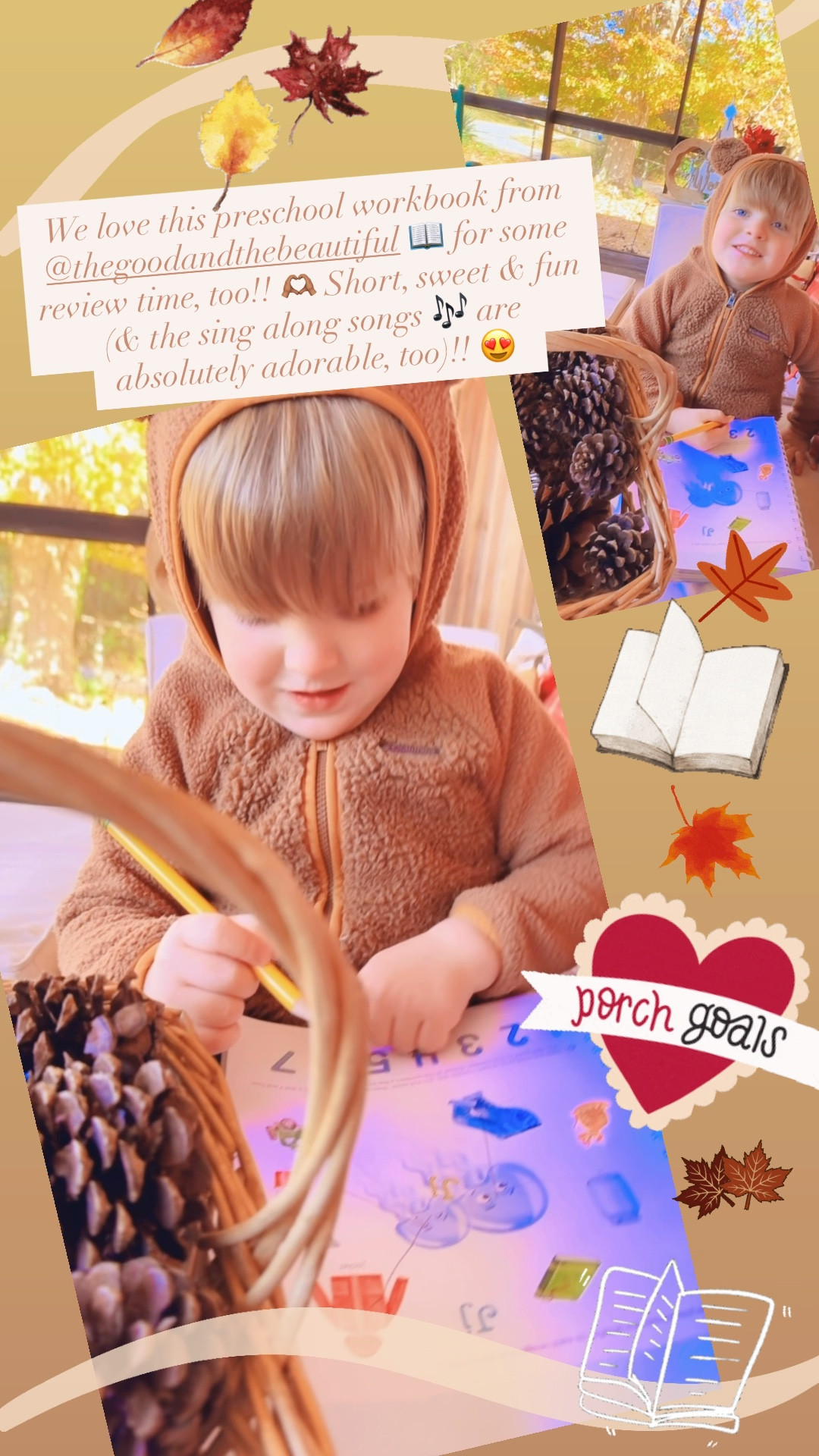 We love this preschool workbook from @thegoodandthebeautiful 📖 for some review time, too!! 🫶🏽 Short, sweet & fun (& the sing along songs 🎶 are absolutely adorable, too)!! 😍