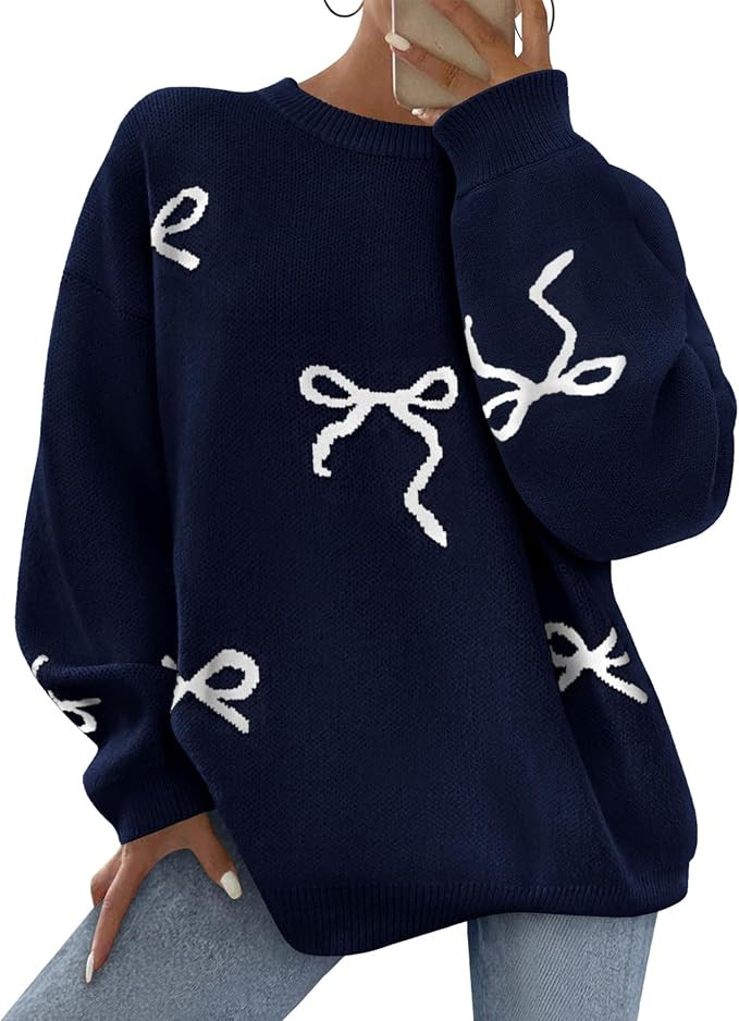 PRETTYGARDEN Women Long Sleeve Cute Bow Oversized Sweater | Chunky Soft Warm Knit, Loose Fit Pull... | Amazon (US)