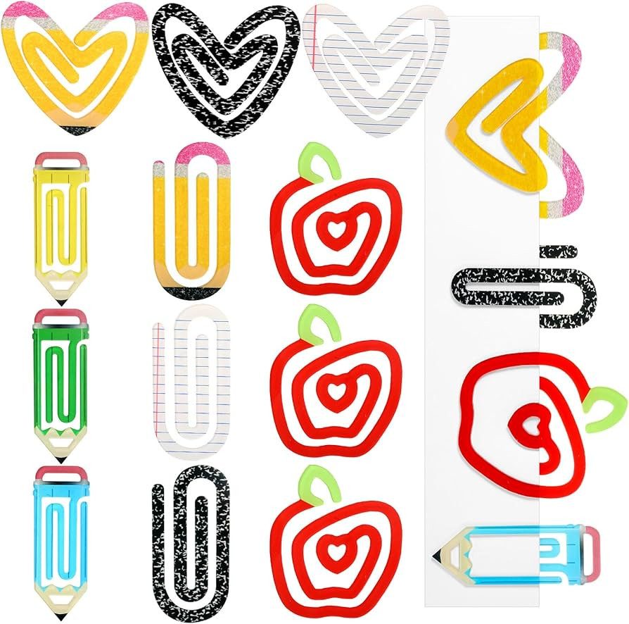AmazingSpark 12 Pcs Jumbo Teacher Acrylic Paper Clips Pencil Paperclip Design Bookmark Gift Set f... | Amazon (US)