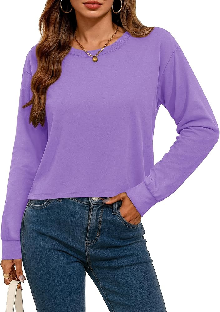 YUCOLEN Long Sleeve Crop Tops for Women Loose Fit Cropped T Shirts Casual Crewneck Boxy Tees | Amazon (US)