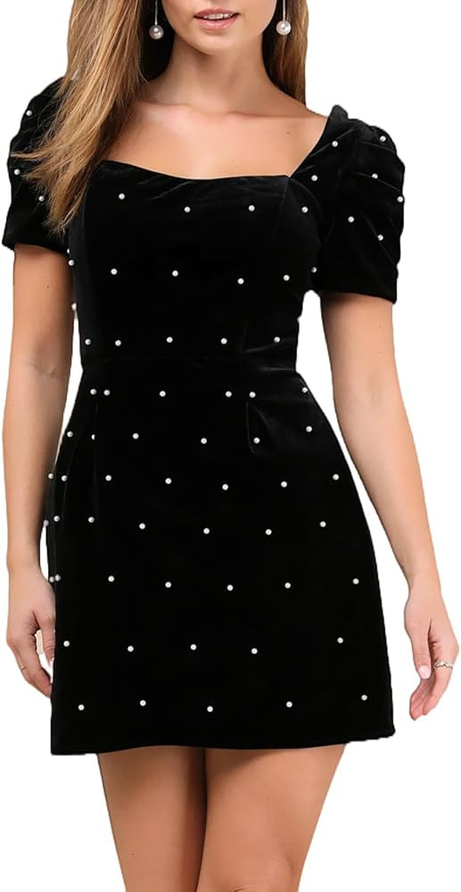 Women's Velvet Pearl Mini Dress Short Sleeve Square Neck Party Club Elegant Short Dresses | Amazon (US)