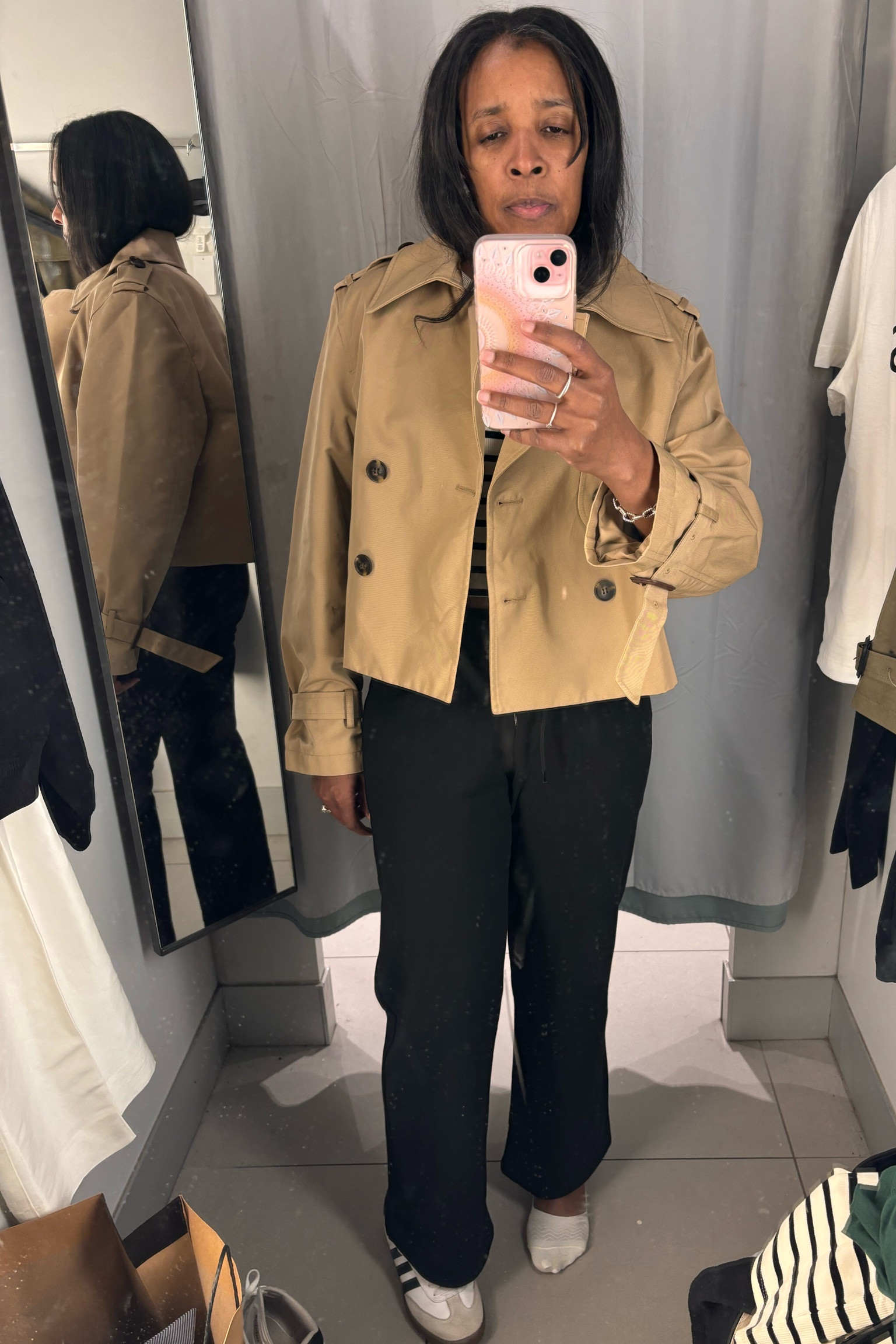 Cropped trench coat sweatpants black adidas samba cropped tank striped neutral minimalist style outfit spring basics #spring #trench #outfit 

#LTKover40 #LTKSeasonal #LTKstyletip