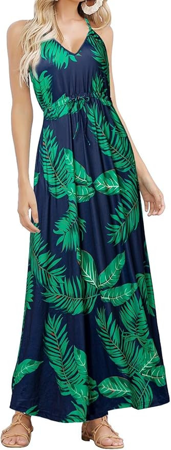 HUSKARY Womens Sleeveless V Neck Spaghetti Strap Pockets Beach Boho Tropical Summer Maxi Dress | Amazon (US)