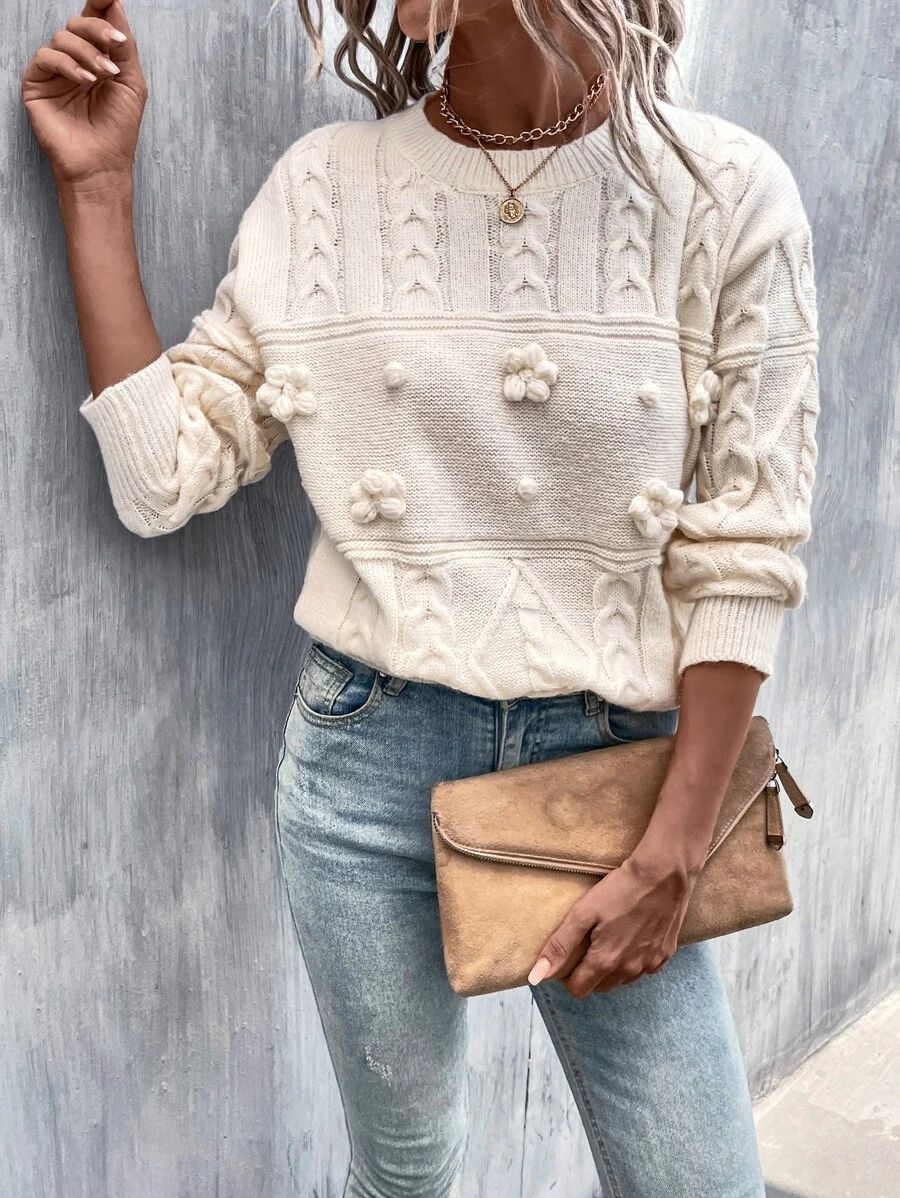 HomeWomen ClothingWomen KnitwearWomen SweatersApplique Drop Shoulder Cable Knit Sweater | SHEIN