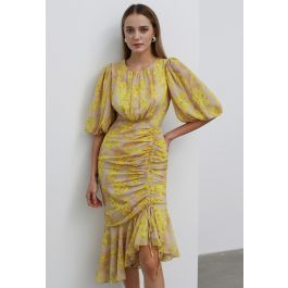 Yellow Blossom Drawstring Asymmetric Ruffle Midi Dress | Chicwish