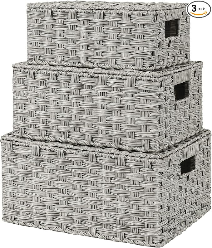 GRANNY SAYS Wicker Storage Baskets, Woven Decorative Boxes with Lids, Set of 3 Wicker Baskets, St... | Amazon (US)