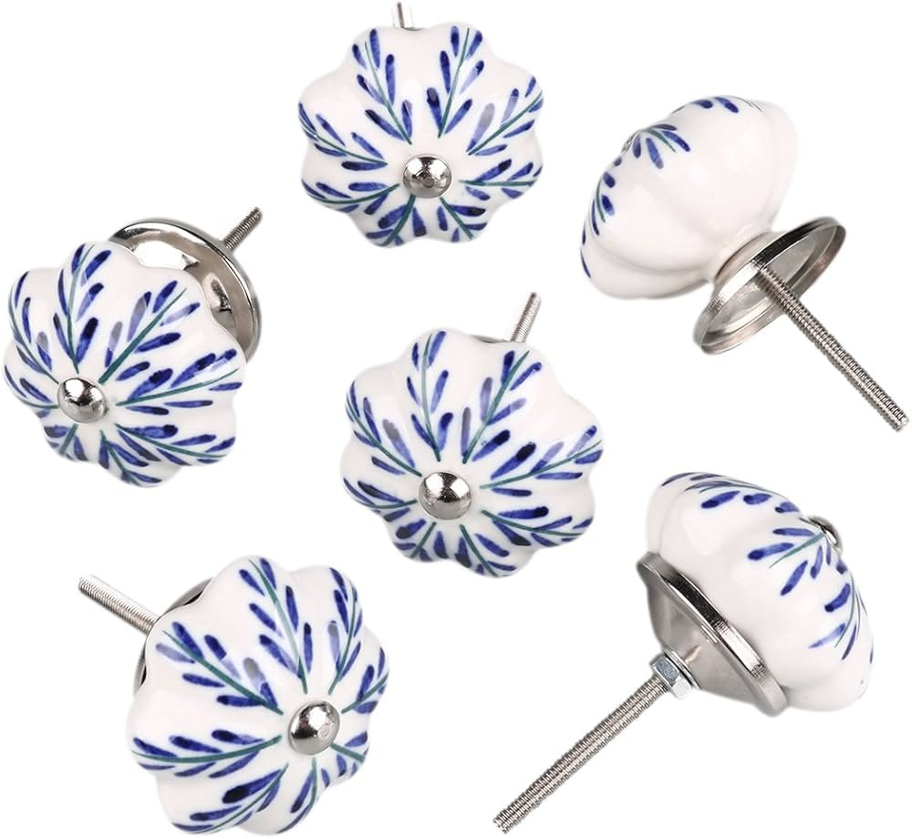 uxcell 6 Pieces Vintage Shabby Knobs White and Blue Floral Hand Painted Ceramic Pumpkin Cupboard ... | Amazon (US)