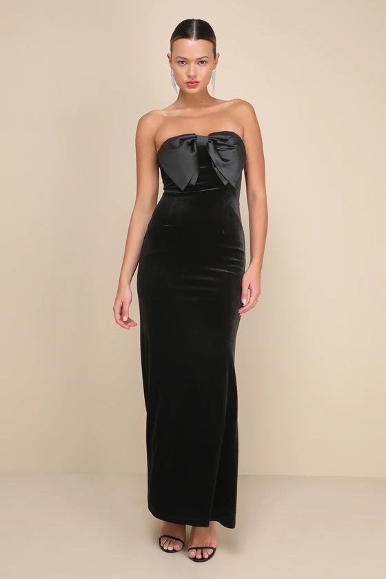 Dramatic Stunner Black Velvet Bow Strapless Maxi Dress | Lulus