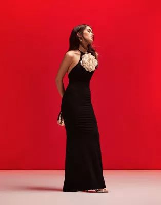 ASOS DESIGN oversized corsage halter maxi dress with low back in black | ASOS (Global)