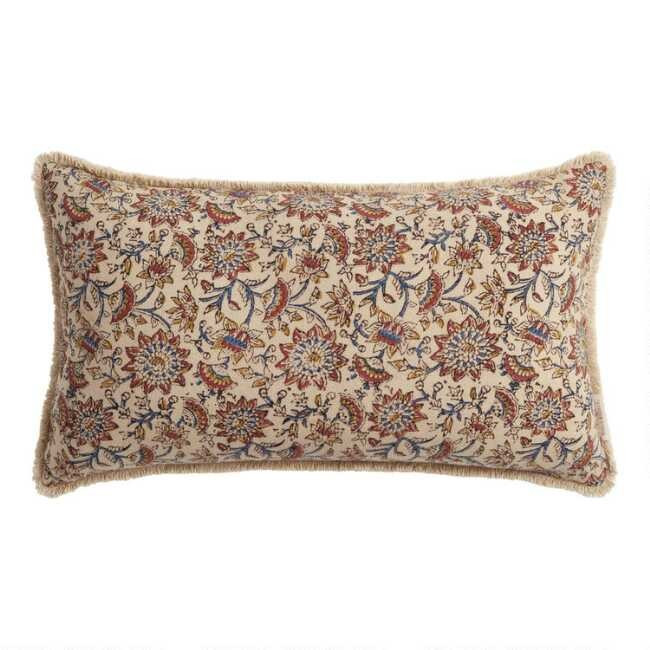 Blue, Red And Ivory Floral Jaipur Block Print Lumbar Pillow | World Market