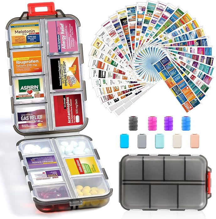 14 Grids Travel Pill Organizer Box with 415-Pcs Medicine Name Labels - Pocket Daily Pharmacy Case... | Amazon (US)