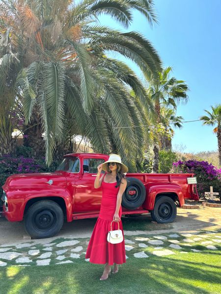 Red drop waist dress - I am wearing size medium! Gucci similar bag, vacation outfit, vacation style, red dress, wedding guest dress, House of CB dress, large sun hat 

#LTKTravel #LTKStyleTip