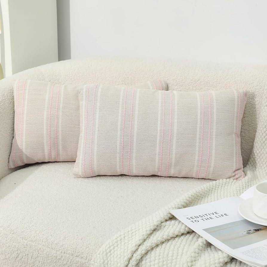 Boho Throw Pillow Covers Striped Linen Set of 2 Farmhouse Garden Home Decor Pillowcase Cushion Co... | Amazon (US)