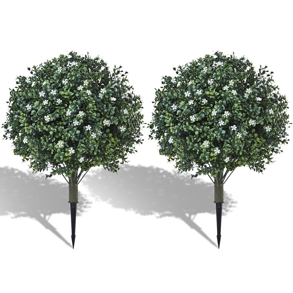 24" Artificial Boxwood Topiary Ball Bush with White Flowers, Set of 2 Artificial Shrub Bushes wit... | Amazon (US)