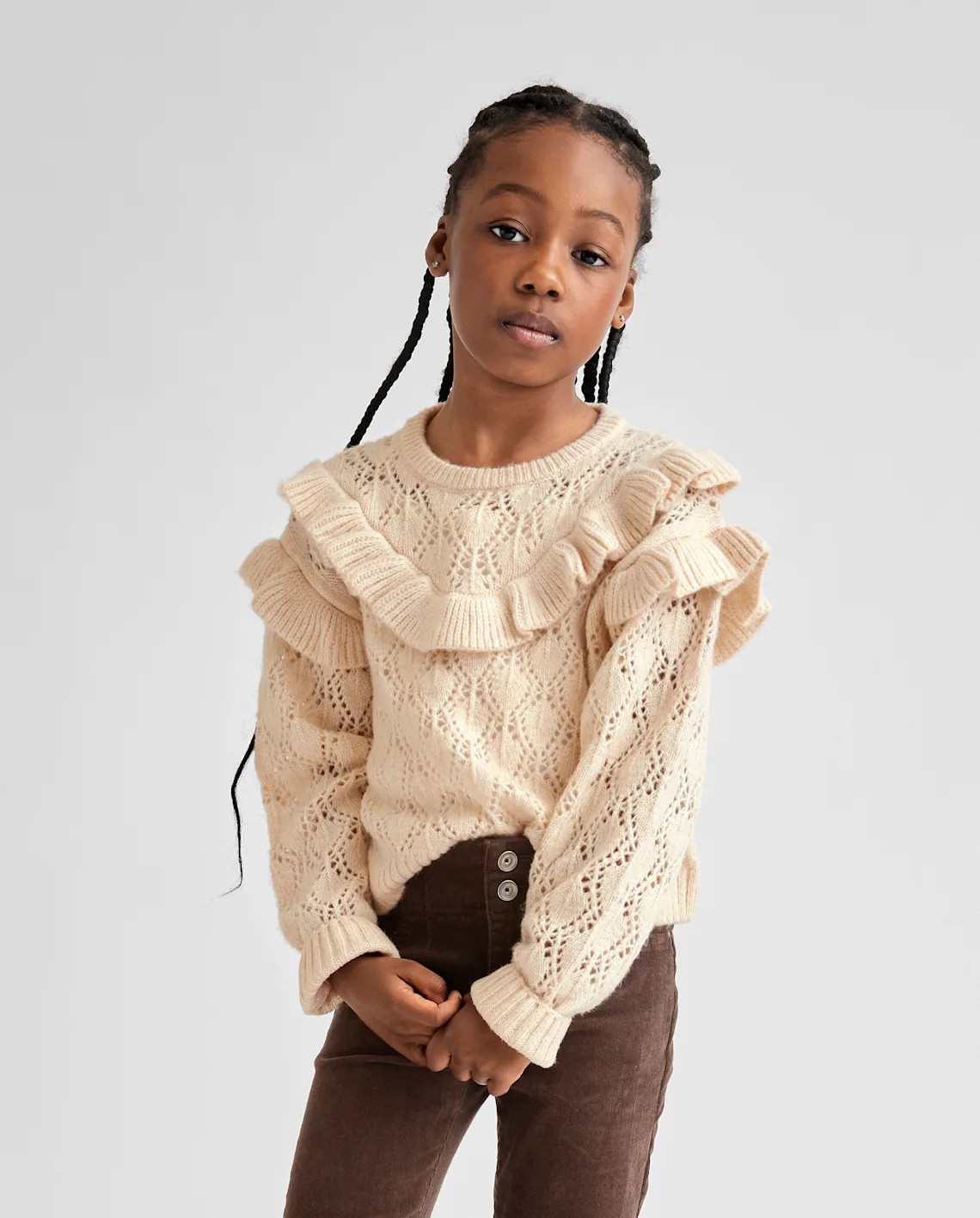 Girls Ruffle Pointelle Sweater - tan | The Children's Place