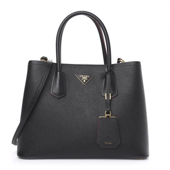 PRADA Saffiano Cuir Medium Double Bag Black Fuoco | Fashionphile