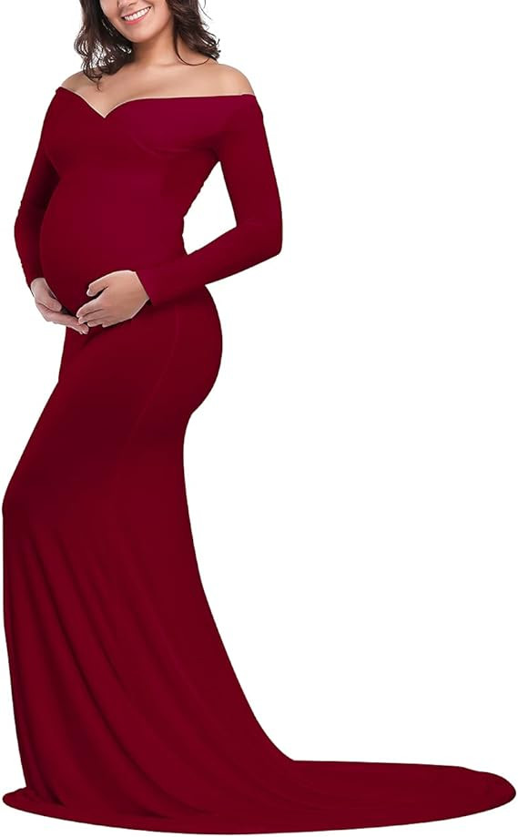 JustVH Maternity Elegant Fitted Maternity Gown Long Sleeve Cross-Front V Neck Slim Fit Maxi Photo... | Amazon (US)