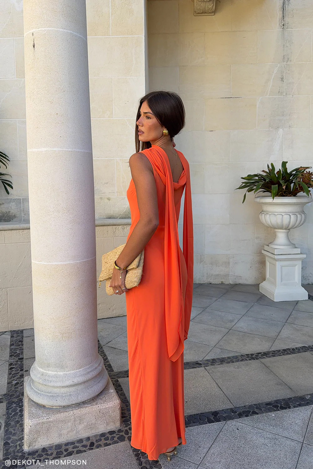 Dakota Chiffon Maxi Dress With Scarf - Orange | MESHKI US