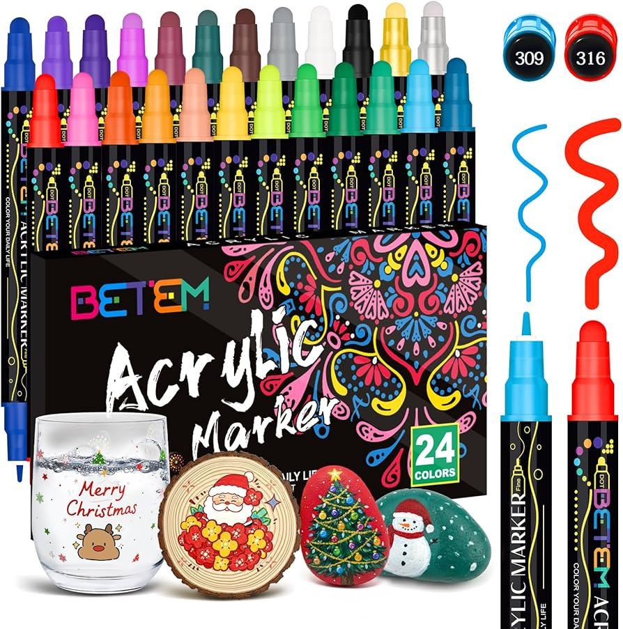 Betem 24 Colors Dual Tip Acrylic Paint Pens Markers, Premium Acrylic Paint Markers Stocking Stuff... | Amazon (US)