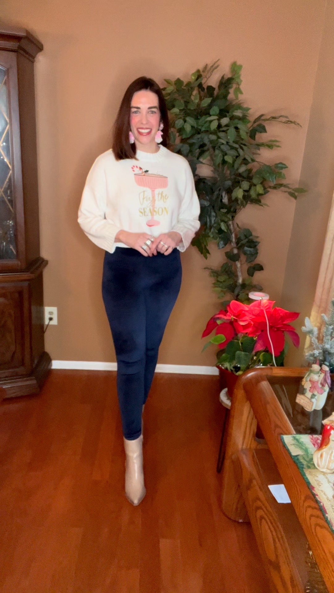 Martini glass white sweater (xs). Velvet navy blue leggings (small). Beige ankle boots (8.5). #sweater #martiniglasssweater #whitesweater #leggings #navyblueleggings #velvetleggings #boots #ankleboots #beigeankleboots #nyeoutfit #nyeparty #newyearseveoutfit 
nye outfits
nye party 
winter outfits women 
new year’s eve outfits 
winter capsule wardrobe

#LTKSeasonal #LTKFindsUnder50 #LTKFindsUnder100