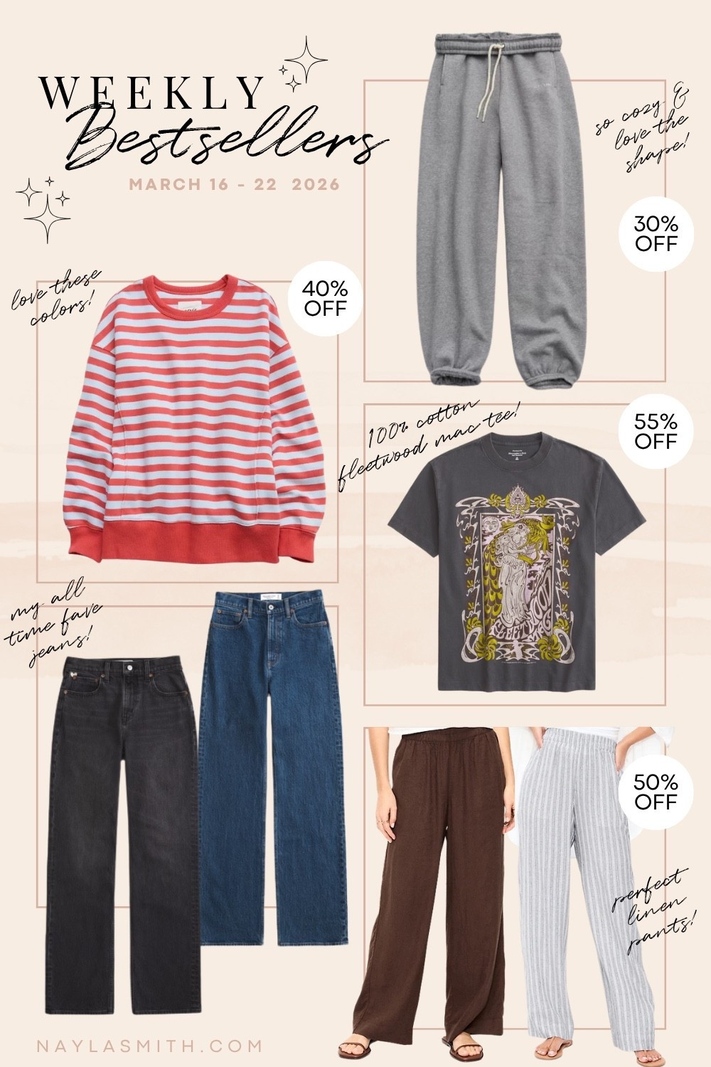 Weekly bestsellers! Fun striped coral & baby blue sweatshirt (runs big, I wear M), my all time fave jeans (I wear 32), cozy grey jogger sweatpants (I wear L), my fave linen pants (I wear L tall), Fleetwood Mac graphic tee (I wear L). Canadian Old Navy links are under “similar products"
Spring fashion finds, everyday style

#LTKsale #LTKstyletip #LTKjeans