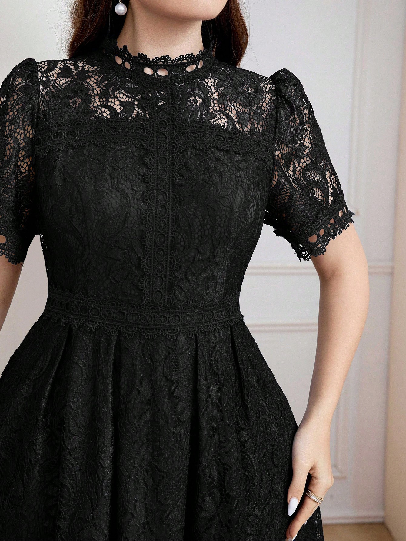 SHEIN Modely Plus Size Women's Summer Stand Collar Lace Puff Sleeve Elegant Dress | SHEIN USA | SHEIN
