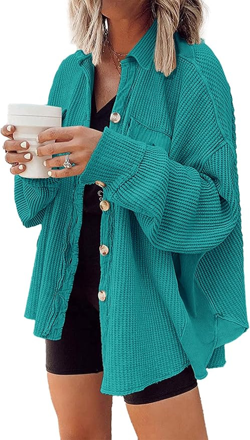 Nirovien Womens Waffle Knit Shacket Oversized Button Down Shirt Jacket Lightweight Spring Outfits... | Amazon (US)