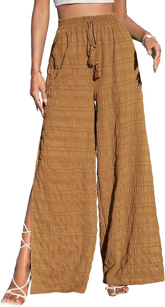 Dokotoo Casual Wide Leg Pants for Women Elastic High Waist Tie Drawstring Side Split Pants | Amazon (US)