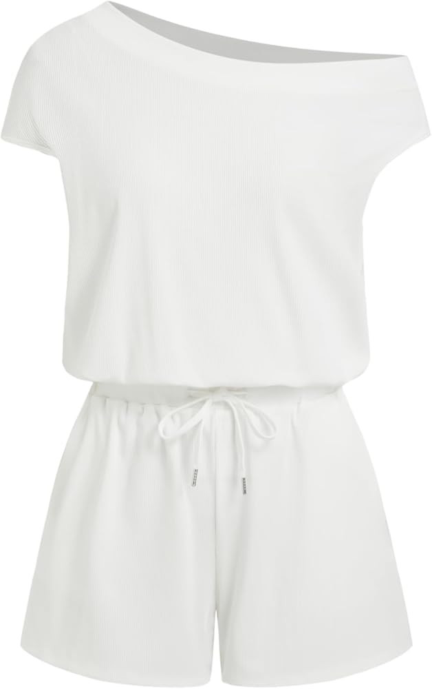 CIDER Rompers for Women One Shoulder Drawstring Short Sleeve Asymmetrical Romper Casual Knit Jump... | Amazon (US)