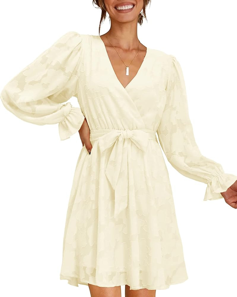 II ININ Women's Wrap V Neck Lace Dress Long Lantern Sleeve Flowers Tie Waist Wedding Dress Women ... | Amazon (US)