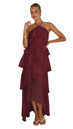 Lousare Mulberry A Line Bridesmaids Dresses with Ruffles for Women Halter Pleated Formal Party Dress 2026 Long Tiered Chiffon Maxi Gown 10 | Amazon (US)