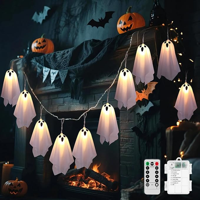 10 LED Ghost Battery Operated Halloween Lights, 8 Modes Light Up Ghost Garland, Waterprof Ghost S... | Amazon (US)