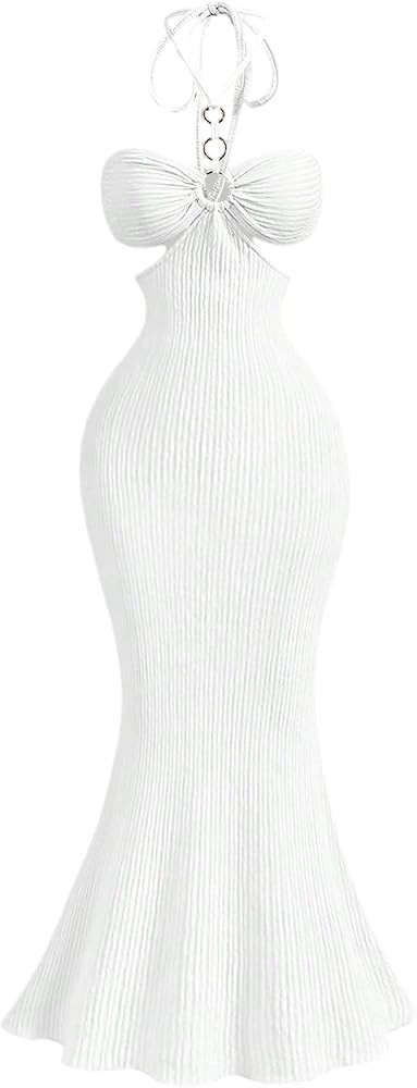 OYOANGLE Women's Cutout Ring Linked Swimsuit Coverup Tie Backless Bikini Cover Up Ruffle Beach Dr... | Amazon (US)