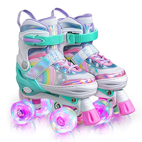 SULIFEEL Rainbow Unicorn 4 Size Adjustable Light up Roller Skates for Girls Boys for Kids Medium | Amazon (US)