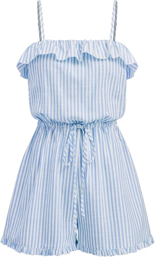 CIDER Womens Casual Rompers Sleeveless Ruffle Drawstring Striped Overall Shorts | Amazon (US)