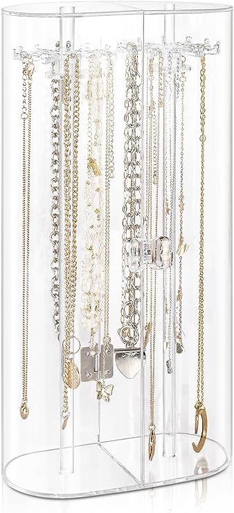 Acrylic Necklace Holder, Clear Necklace Organizer with 24 Hooks, Dustproof Rotation Jewelry Stora... | Amazon (US)