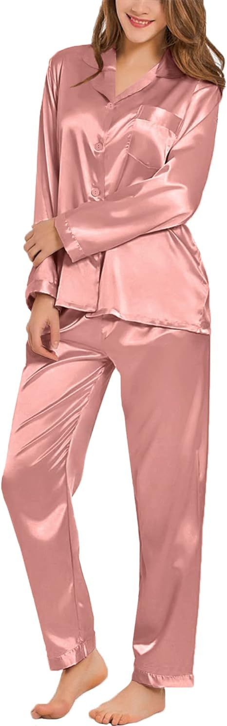 SWOMOG Long Sleeve Pajamas Set Silk Satin Sleepwear Button Down Pjs Loungewear with Pocket | Amazon (US)