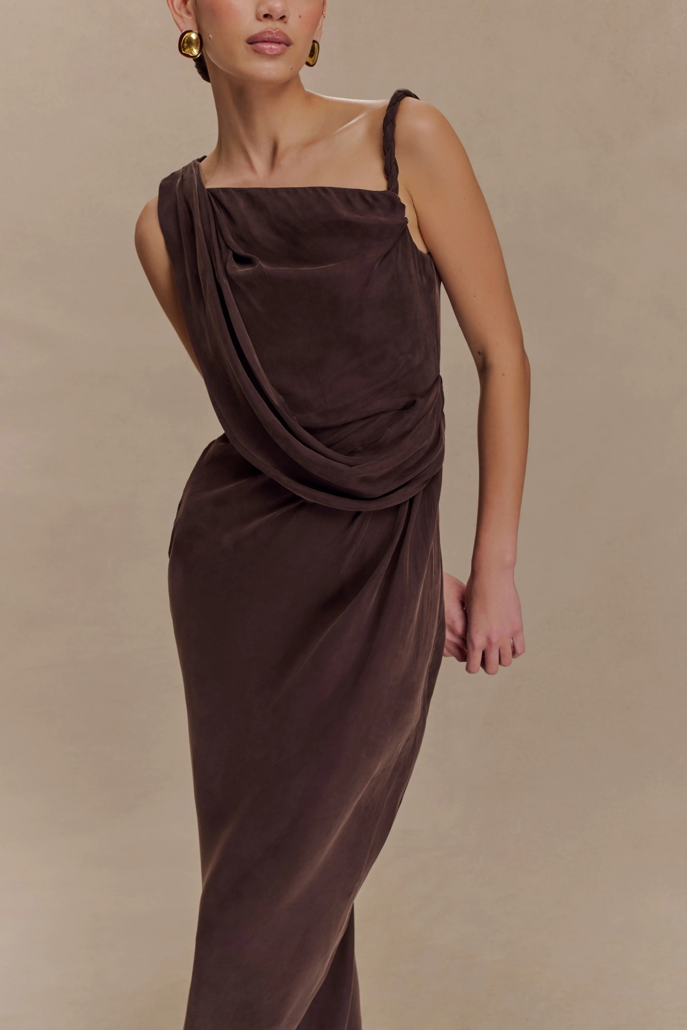 Lorieanne Draped Maxi Dress - Dark Chocolate | MESHKI US