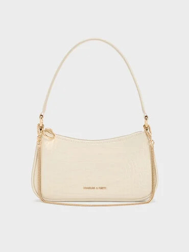 Cream Elspeth Croc-Effect Chain-Link Shoulder Bag | CHARLES & KEITH UK | Charles & Keith UK