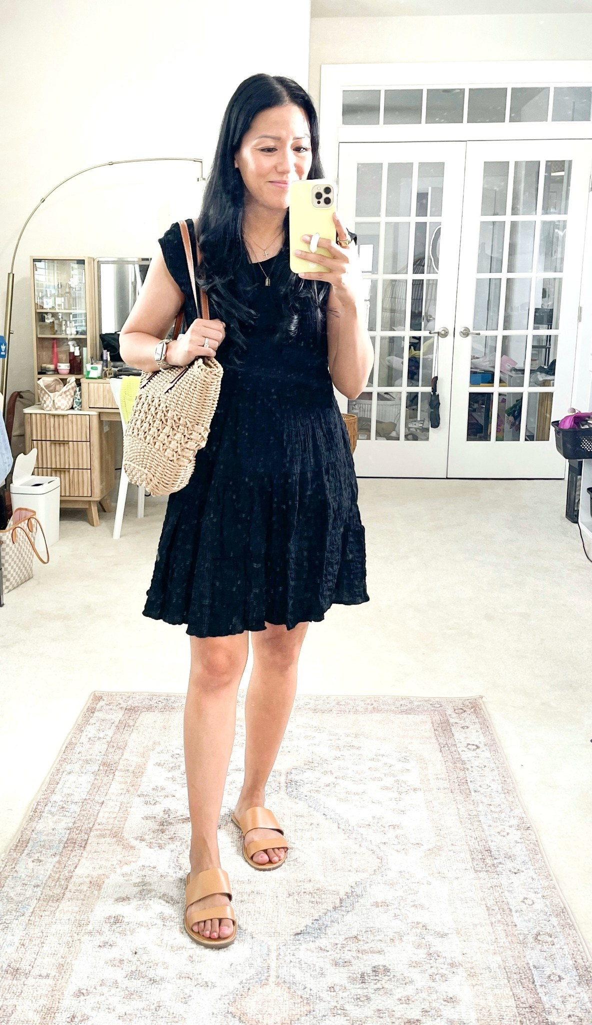 Exact dress is older from Target (brand: Knox Rose)
Exact sandals are older from Madewell 
