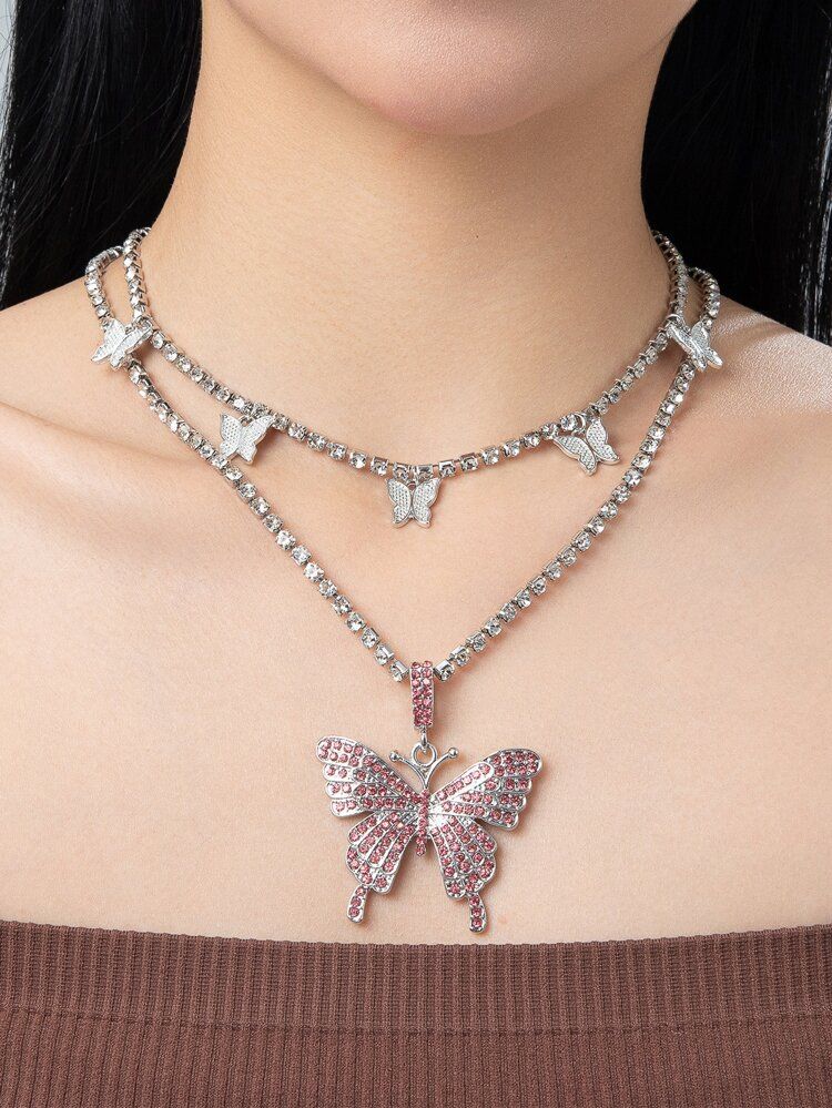 ROMWE 2pcs Rhinestone Butterfly Pendant Necklace | SHEIN