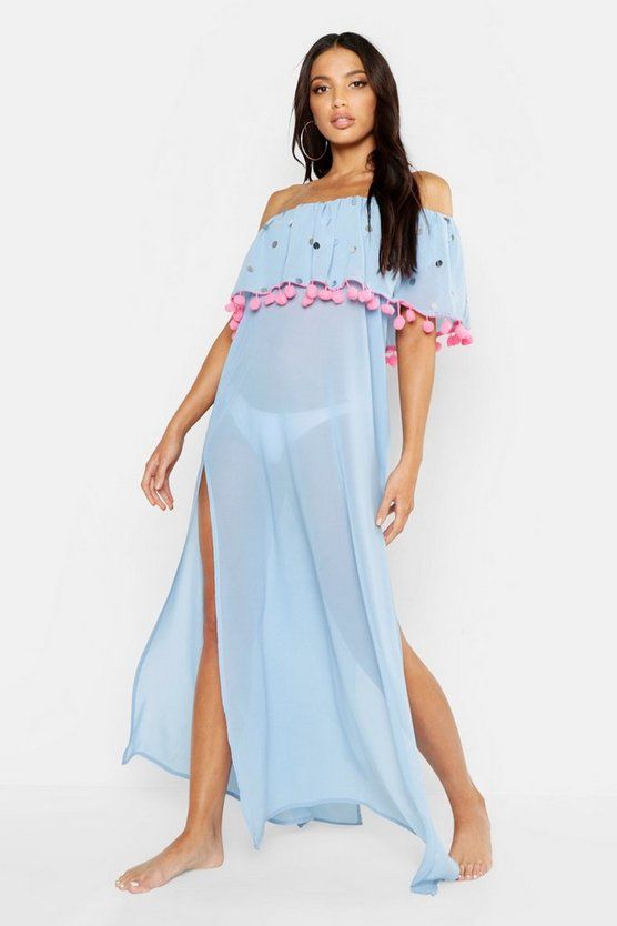 Sequin & Pom Pom Bardot Maxi Beach Dress | Boohoo.com (US & CA)