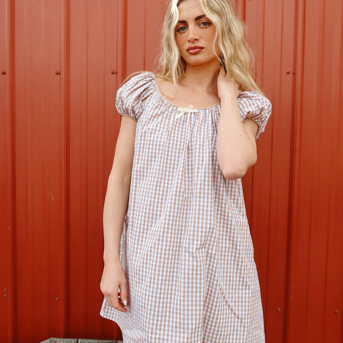 Aspyn Gingham Babydoll in Warm Oat | Henly