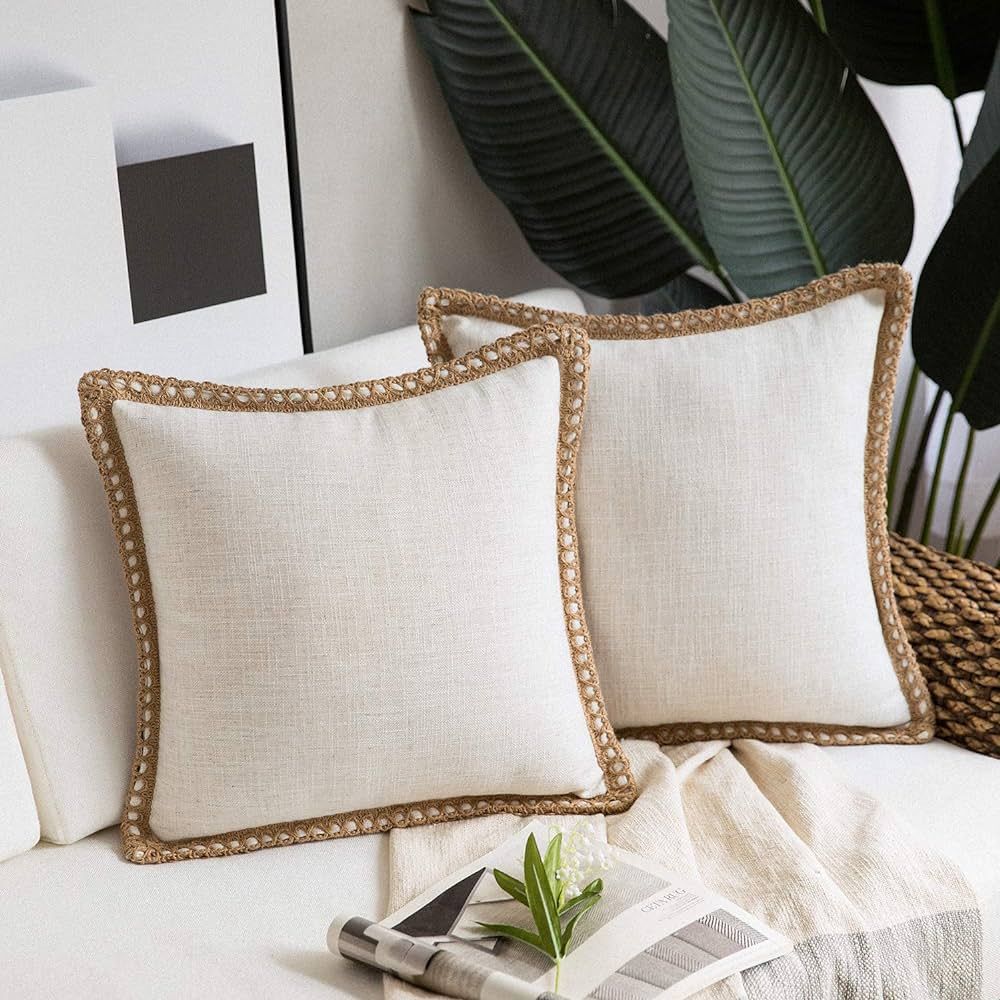 Phantoscope Pack of 2 Farmhouse Modern Decorative Throw Pillow Covers Burlap Linen Trimmed Outdoo... | Amazon (US)