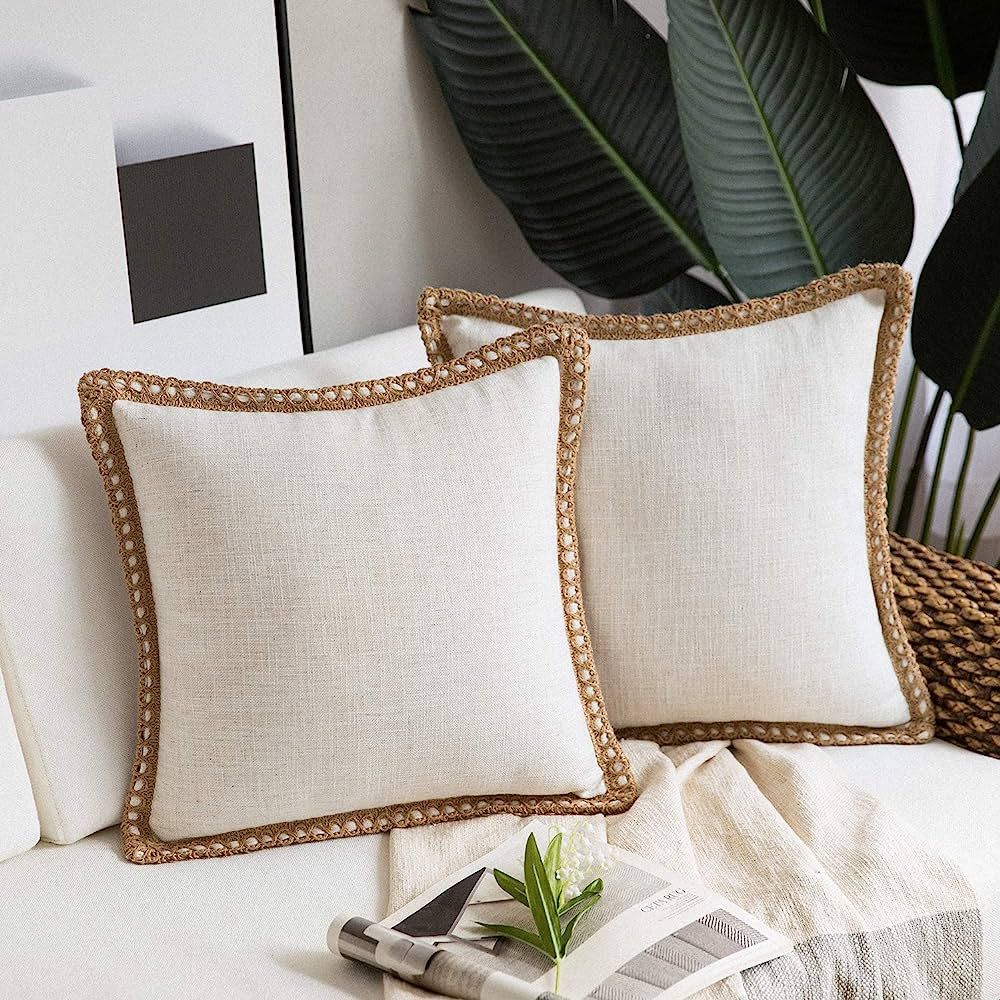 Phantoscope Pack of 2 Farmhouse Modern Decorative Throw Pillow Covers Burlap Linen Trimmed Outdoo... | Amazon (US)