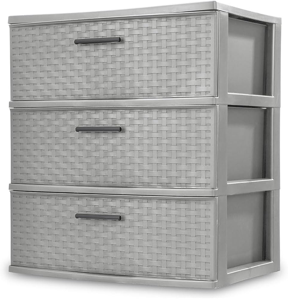 3 Drawer Wide Plastic Weave Tower with Pull Handles,Decorative Storage Drawers for Bedroom, Close... | Amazon (US)