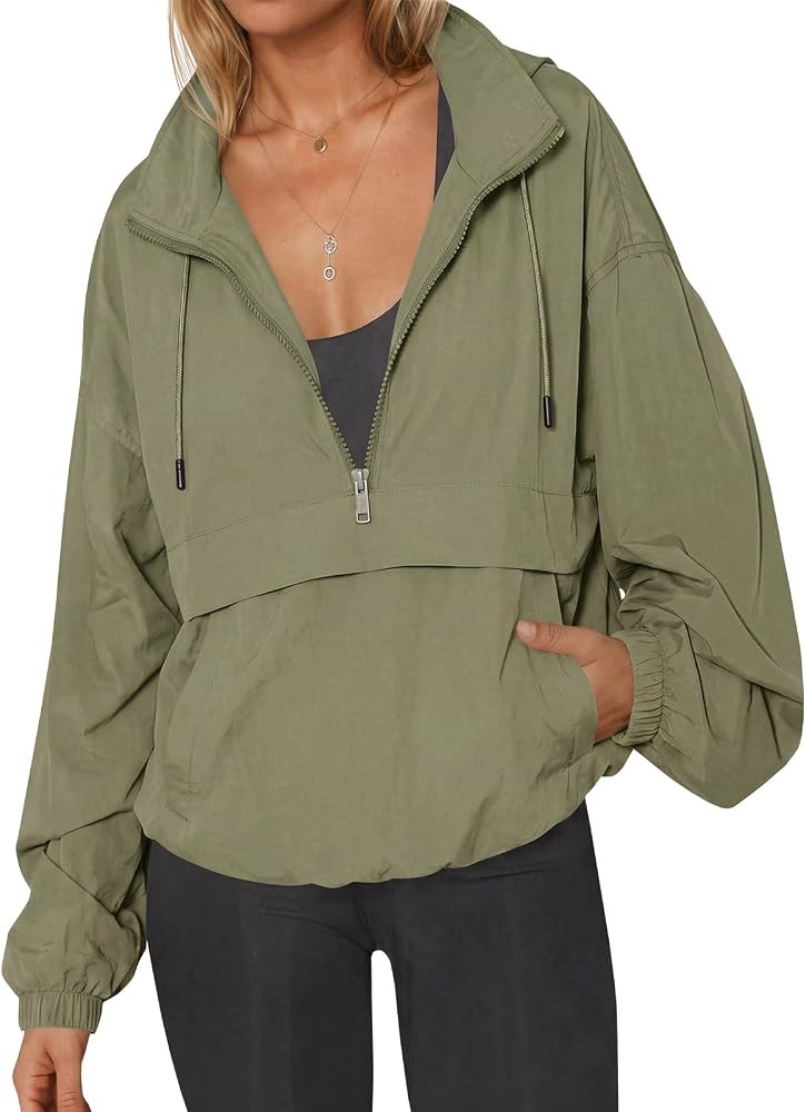 Fisoew Womens Windbreaker Lightweight Jackets Hooded Quarter Zip Pullover | Amazon (US)